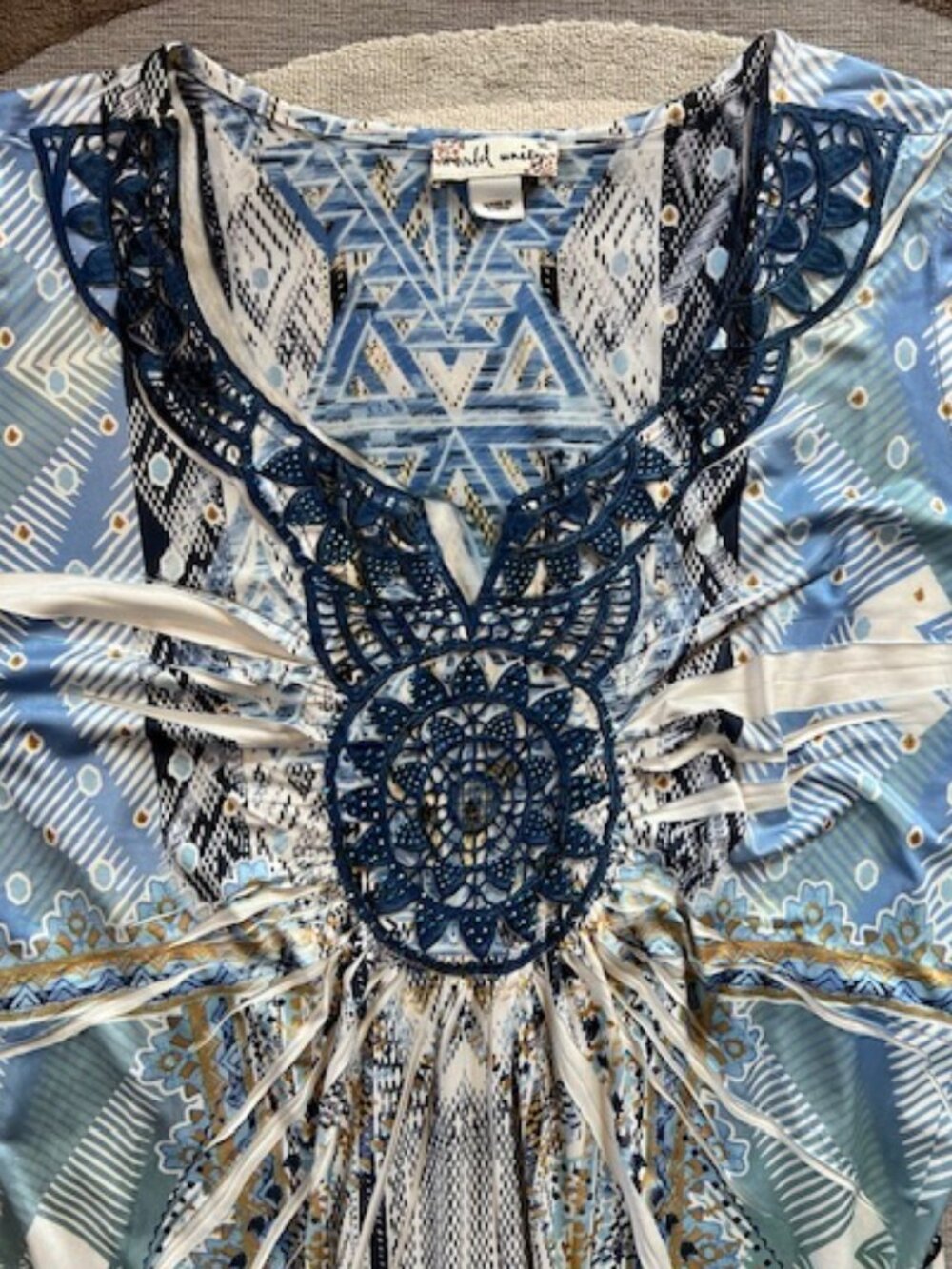 World Unity Women Short SLV Aztec Boho Embroider Blue Geometric Shift Dress XL - Picture 2 of 11
